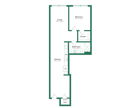 Floor plan for 1 bed, 1 bath, 888 sqft